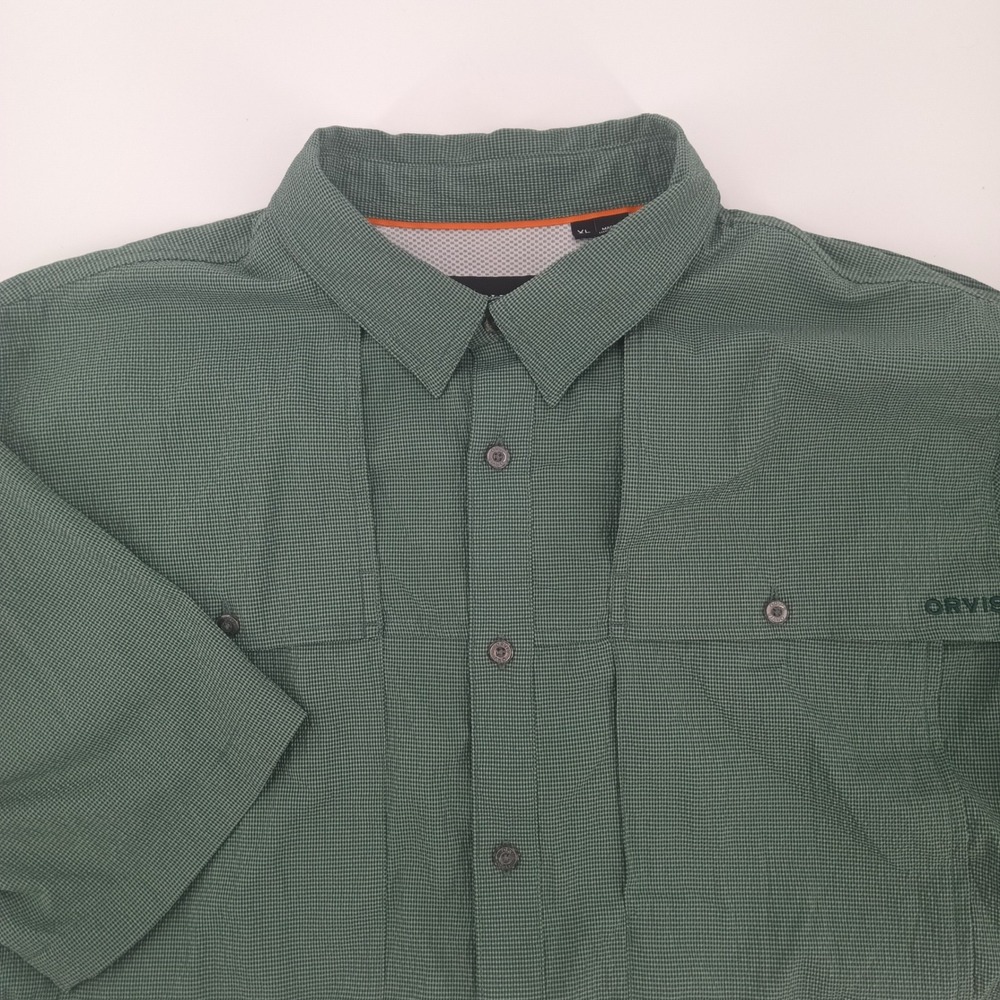 Orvis Mens XL Active Fit Seersucker Fishing Green Micro Check S/S Ventilated